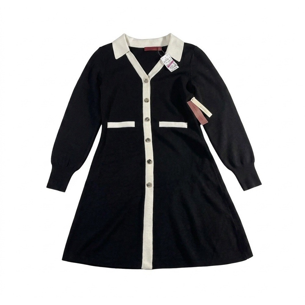 Love Scarlett Womens Medium M Black Knit Mini Sweater Dress Cream Collar Preppy